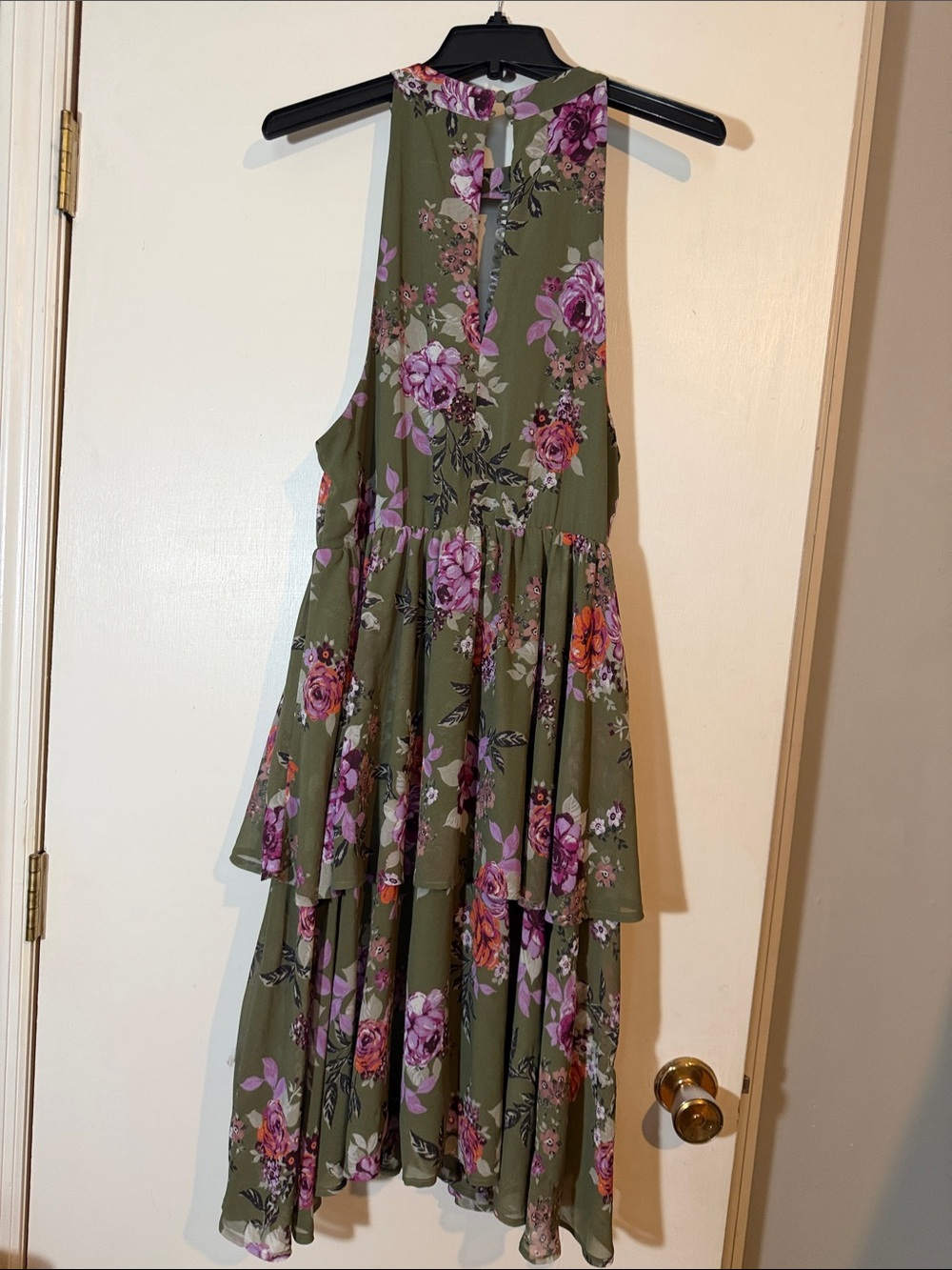 Torrid Olive Green Floral Chiffon Tiered Dress- Size 00 - Picture 4 of 6